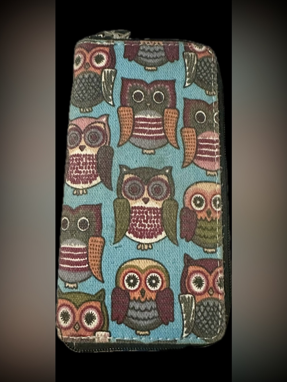 Owls Pattern Zip Wallet - Teal, Brown, Olive